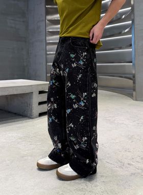 巴黎款潮牌美式高街风烫钻刺绣花卉牛仔裤男女宽松直筒阔腿裤黑色