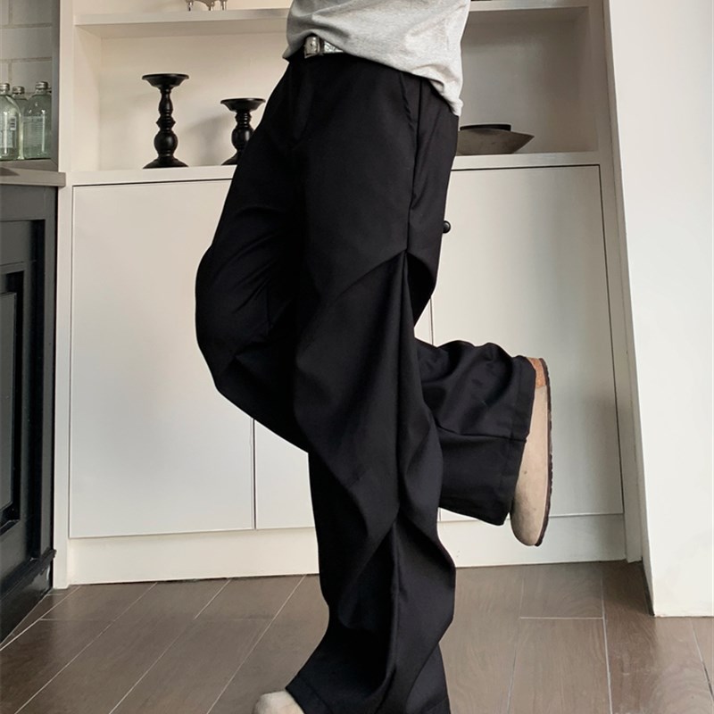 TWORED美式小众褶皱拖地微喇休闲裤高级感宽松直筒垂感黑色西裤男