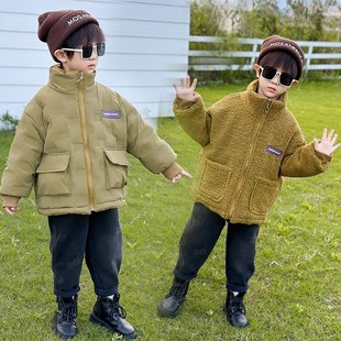 羽绒服男童双面儿童羊羔绒外套宝宝冬季毛毛衣保暖加厚潮2024新款