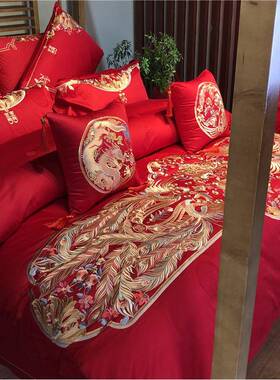 中式高档婚庆丨DQG棉100支贡缎龙凤刺绣四件套红色结寝婚具多全件