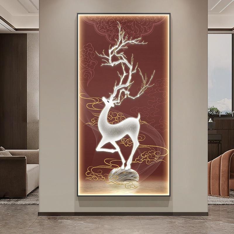 厅麋鹿轻奢玄关装饰道画竖档版801高大气入户走廊壁画新中式客过