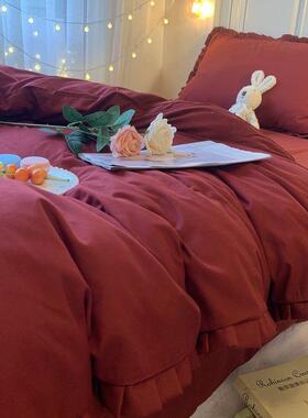 古美庆式复红色舍婚用品四件套简QJL约色花边被套床单宿床上三件