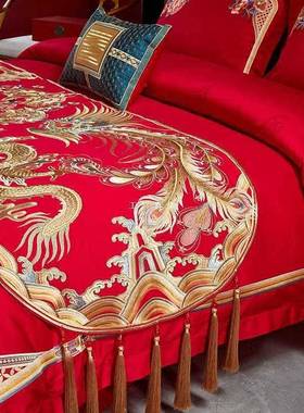 布84婚庆床喜旗床尾巾结婚红色UWV喜盖新中式庆刺绣龙凤字中国风