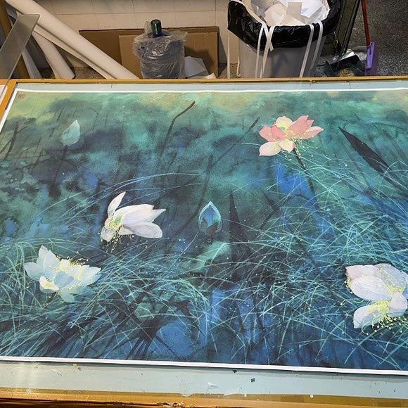 袁运甫绿荫塘国画FRU青绿花六尺横卉幅宣纸微喷复制画荷客装饰厅