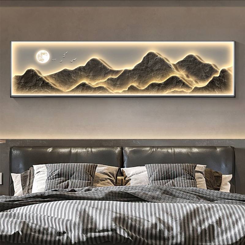 新中式背有靠山客厅装饰画卧室横幅灯画高档床头挂画现代山水壁画图片