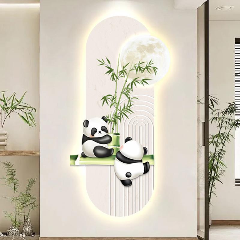 奶户油风入玄关0装画带灯熊猫走廊过43道挂画225年新款饰创意氛围