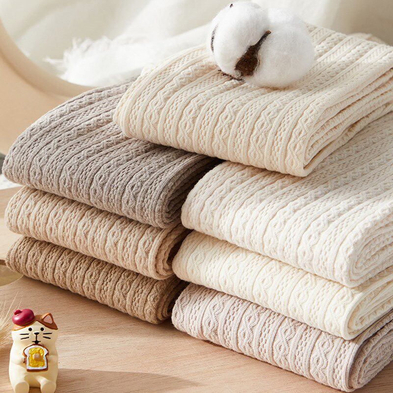 燕麦色打底裤纯棉春秋日系麻花连裤袜加绒冬白色T微压显瘦踩脚秋