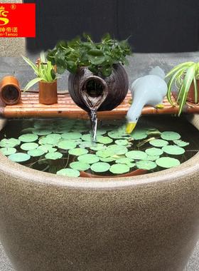 庭院陶罐流水器陶瓷鱼缸循环过滤增氧竹子搭配水池石槽造景摆件配