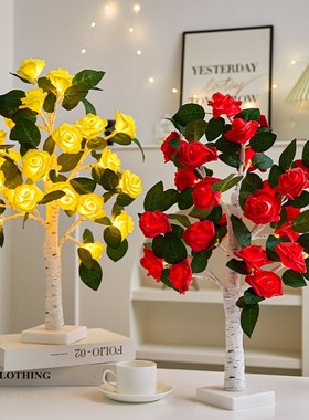 玫瑰花树灯桌摆件高级感小夜灯led发光房间卧室风格床头灯氛围灯