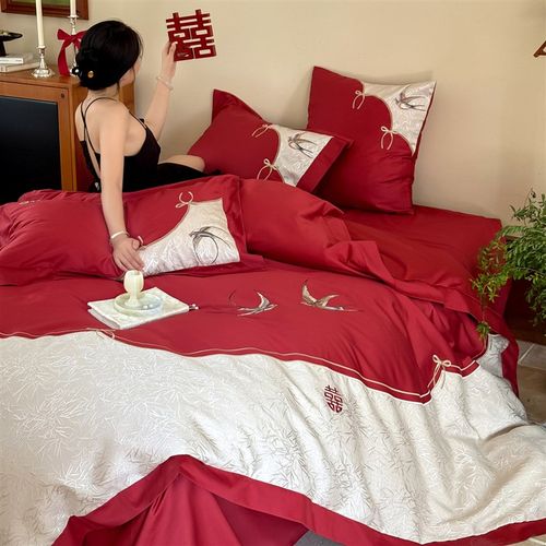 新婚国风婚庆四件套全棉刺绣提花喜字红色结婚嫁被套床单床上用品