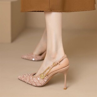 尖头细跟高跟鞋女k亮片布面凉鞋2024年新款一字扣包头宴会鞋单鞋
