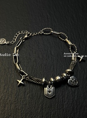 原创复古做旧银芒星小众设计手链