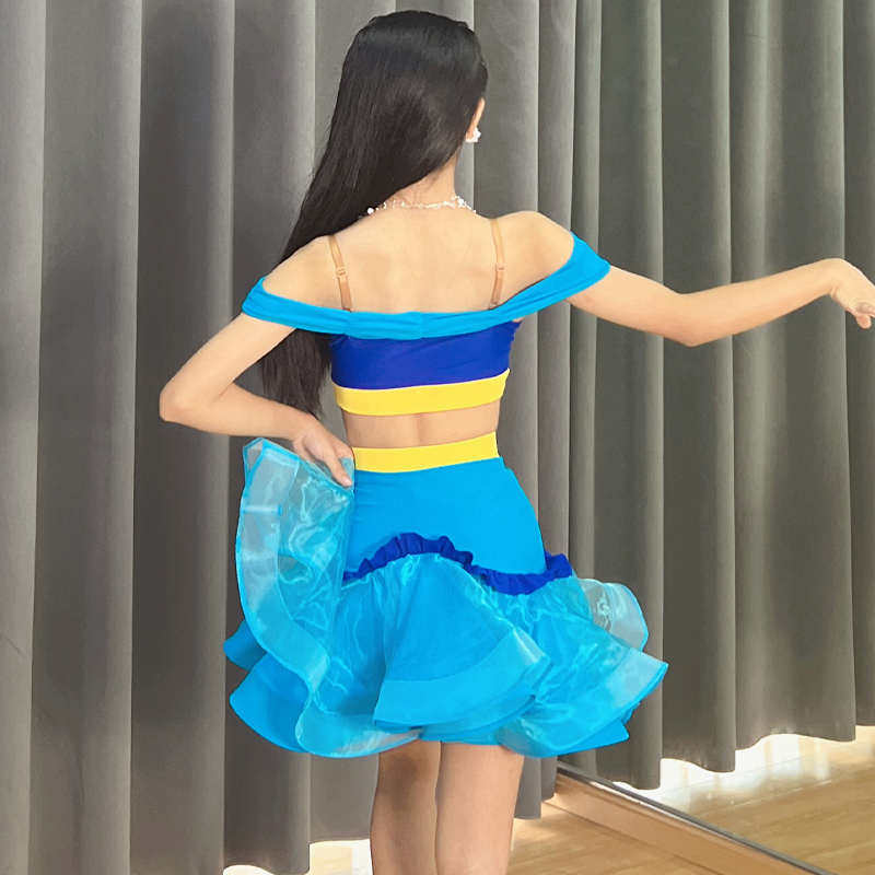 博翼少儿拉丁舞服高端专业露肩吊带练习功表演出纱裙女童新款大摆