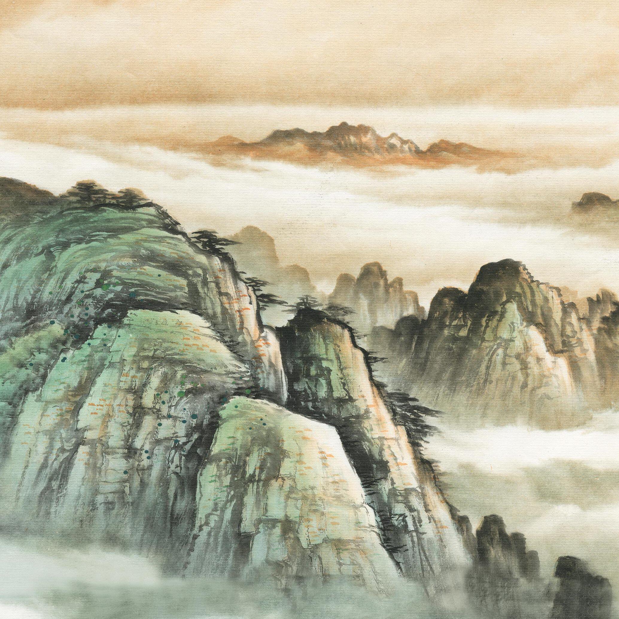 黄山日出旭日东升迎客松靠山招财图山水画国画装饰画复制高清微喷