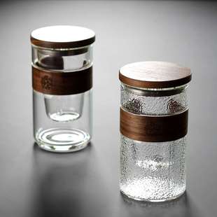 茶水分离杯带盖三件杯日式锤纹玻璃杯过滤泡茶杯子耐热喝水杯家用