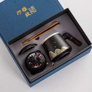 陶瓷杯带盖茶水分离杯过滤泡茶水杯木柄办公杯高档新中式礼品