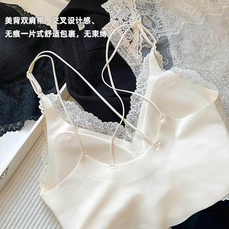 法式纯欲蕾丝内衣女吊带背心交叉肩带无痕美背抹胸细肩带文胸罩