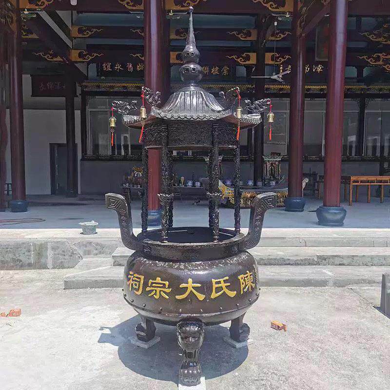 定制寺庙道观四龙柱六龙柱带盖圆形铸铁纯铜烧纸插香炉