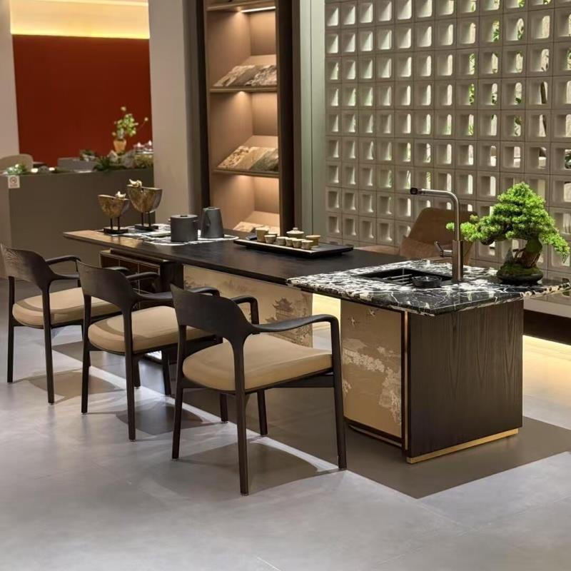 新中式实木岩板茶桌2025新款高端北美黑胡桃木轻奢现代办公泡茶台