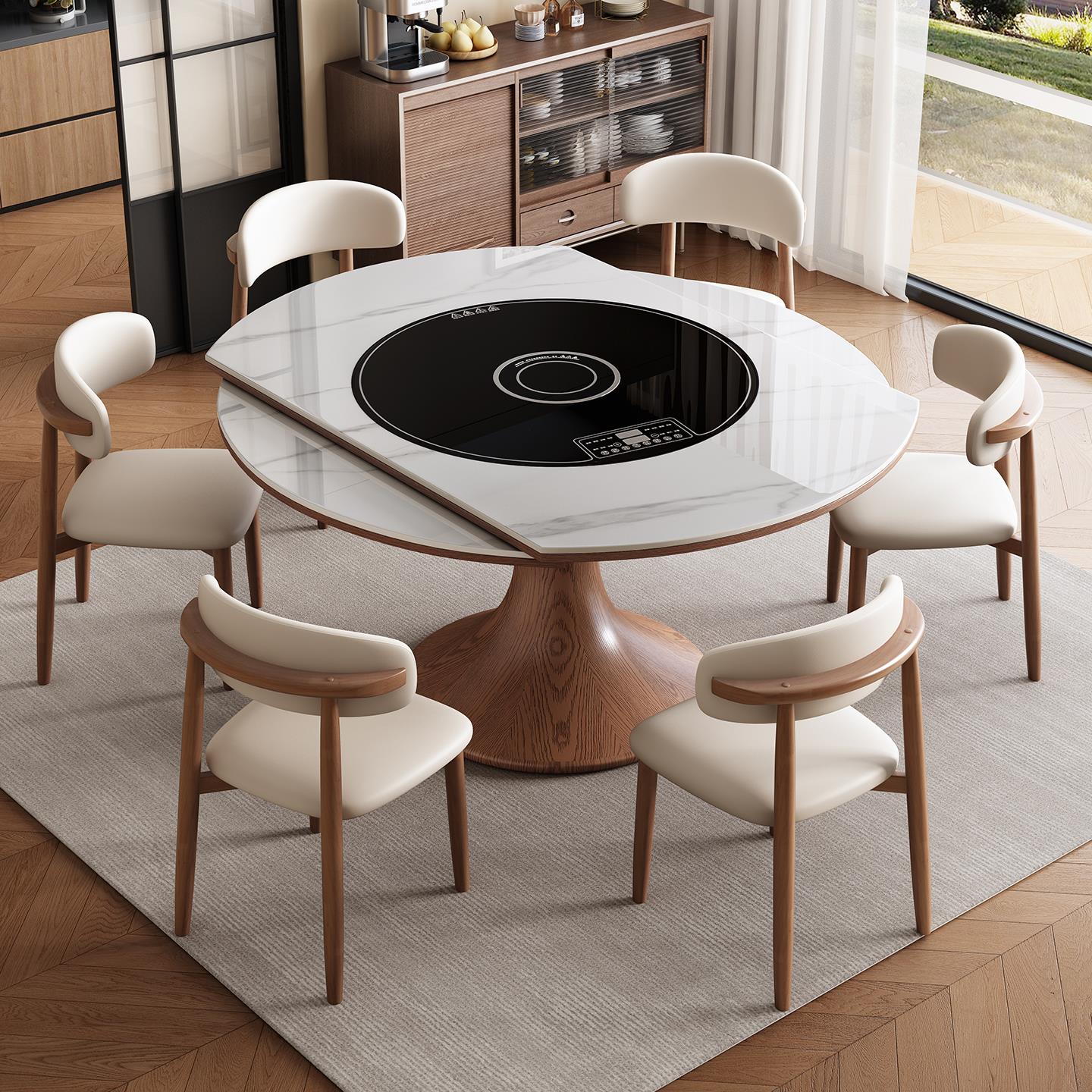 高端岩板实木餐桌椅组合现代简约家用可伸缩折叠圆饭桌小户型桌子