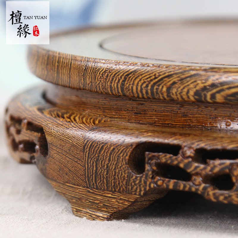 鸡翅木圆形摆件底座实木雕工艺品茶壶花瓶花盆景石头佛像底座木托