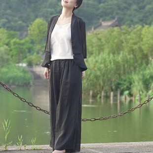 艾绘馆春夏季中式复古盘扣开衫上衣女黑色小外套休闲改良唐装茶服