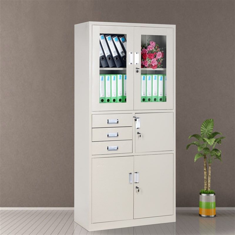 钢制偏三斗文件柜三抽档案柜资料柜玻璃门储物柜带密码锁金属柜子