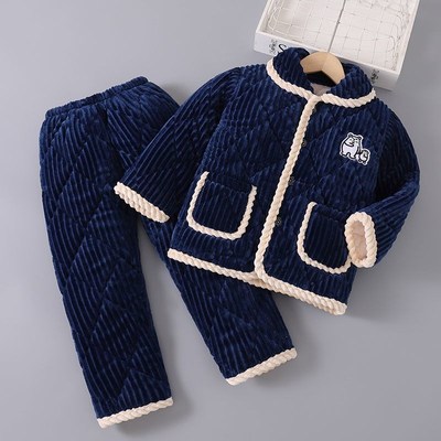冬季三层加厚法兰绒儿童睡衣加绒家居服男童套装夹棉女童宝宝超厚