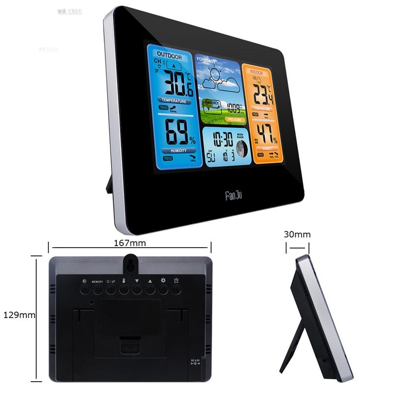 彩天气预报钟373黑温色挂钟湿度传3感电子闹钟屏万年历气象钟.