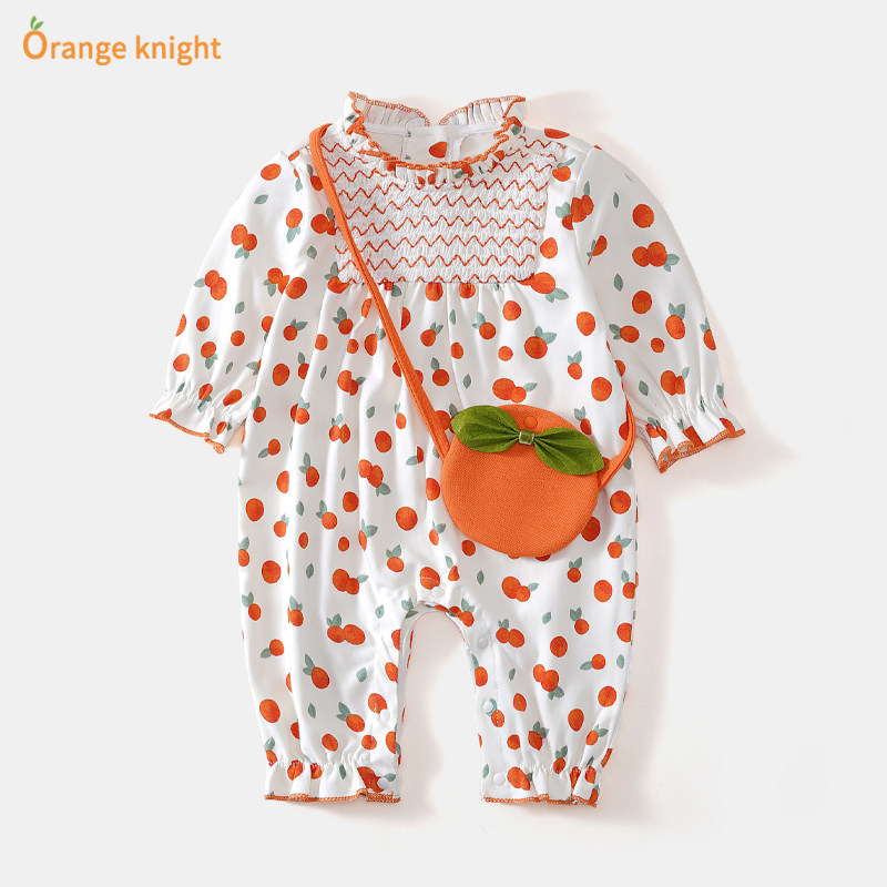 婴儿可爱超萌哈衣新生宝宝连体衣小童长袖碎花爬服小挎包套装春秋