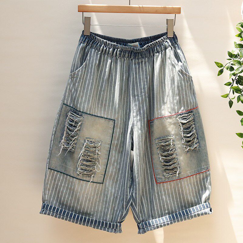 牛仔中裤女夏季阔腿裤潮流个性破洞薄款直筒裤大T版宽松过膝六分