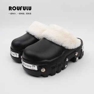 朋克铆钉棉拖鞋女2024冬季新款外穿厚底增高防滑保暖可拆洗毛毛鞋