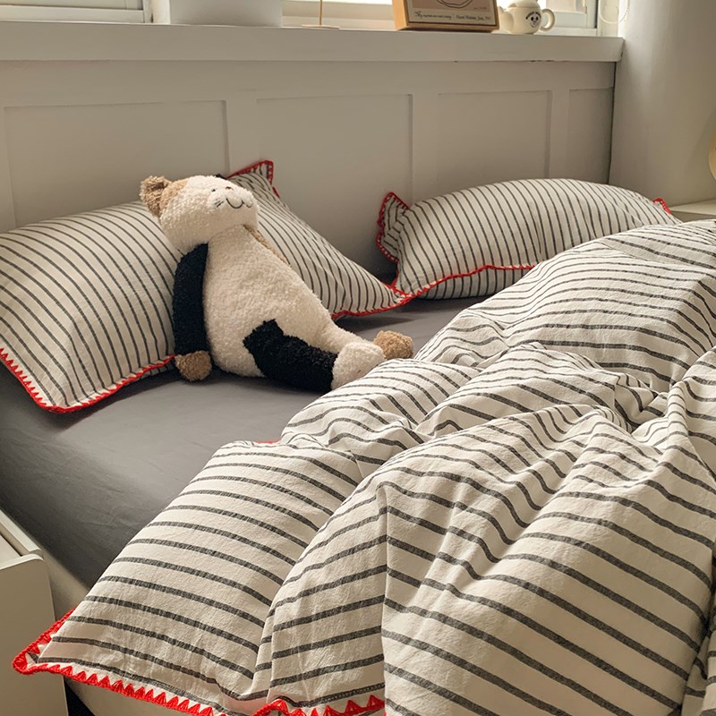 A类色织全棉水洗棉撞色四件套夏季被套简约床品宿舍单人三件4