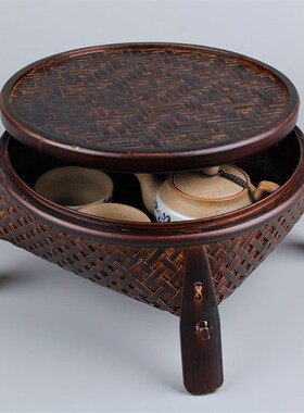 精品竹编方底圆i口收纳盒 收纳篮小号 储物盒大号 带盖圆形箩筐