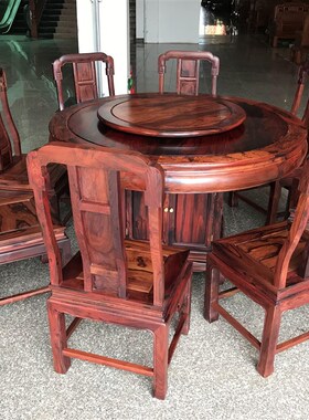 红木餐桌圆桌1.38老挝红酸x枝巴里黄檀花枝国色天香中式饭桌雕花