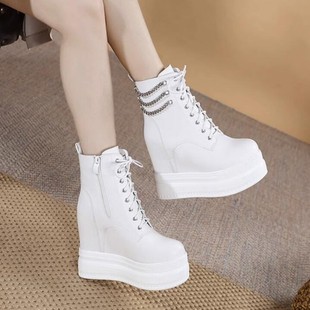 15CM坡跟超高跟鞋 恨天高厚底马丁靴小个子内增高短靴白色防滑女靴