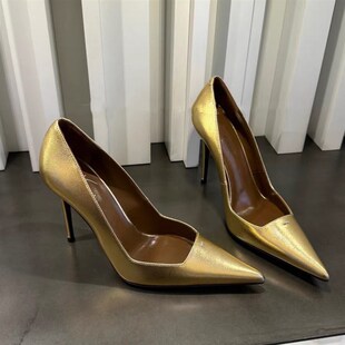 24秋冬金色细钻尖头细跟高跟鞋法式欧美风浅口单鞋女士百搭宴会鞋