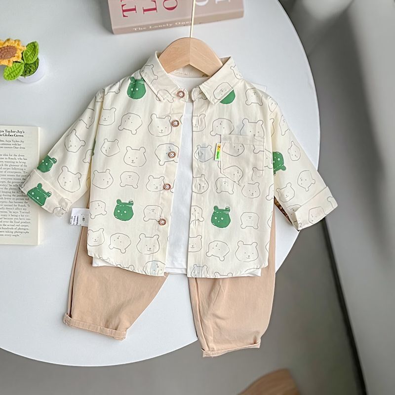 男宝宝春夏薄款套装帅气男童衬衫两件套儿童夏季服装洋气婴儿长袖