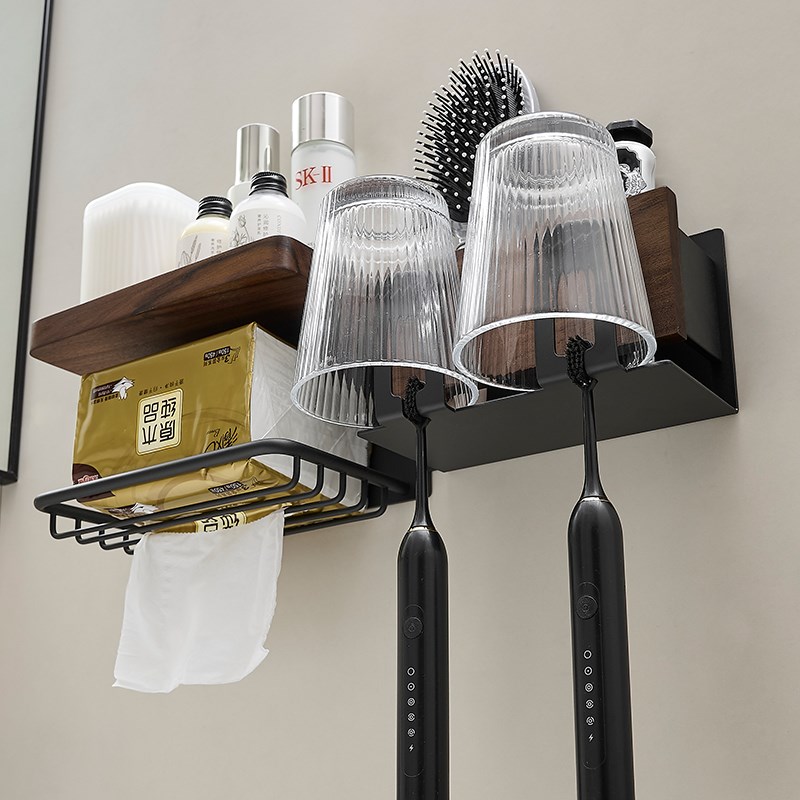 胡桃木牙刷置物架免打孔浴室卫生间洗漱台实木洗脸纸巾漱口杯架子