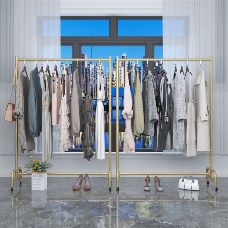 服装店服装货架水管展示架陈列落地式特卖挂衣架服金色移动带轮子
