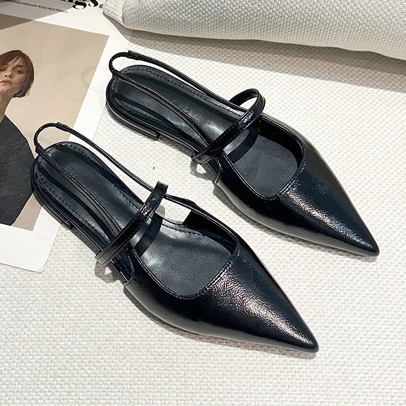 3cm一字带包头平底凉鞋女夏2025新款气质尖头浅口职业黑色高跟鞋