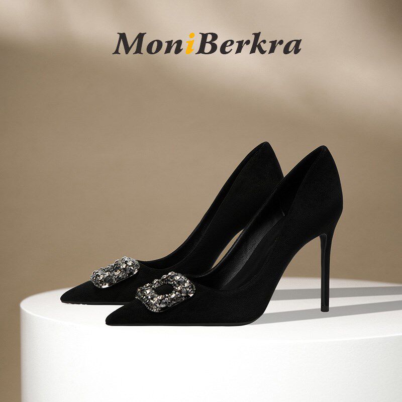 2024新款水钻方扣黑色高跟鞋女细跟时尚气质绒面职业尖Z头法式单