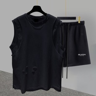 t恤套装 五分裤 男夏季 潮流百搭帅气学生宽松直筒裤 韩版 假两件无袖