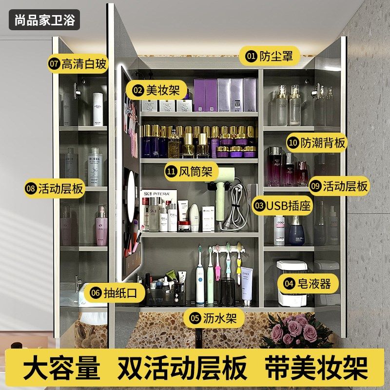 100cm高镜柜浴室通顶不锈钢智能除雾镜子卫生间壁柜厕所壁柜1米