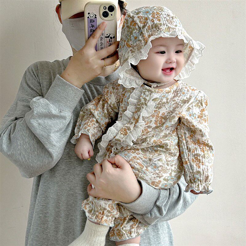 新生儿宝宝春秋长袖连体衣婴儿田园风满月百日周岁哈衣爬服Z1218