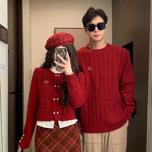过年情侣装秋冬季红色圣诞毛衣ins超火加厚宽松慵懒风假两件套装