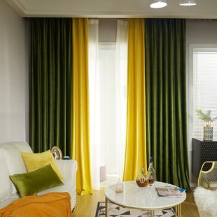 加厚丝绒窗帘橄榄绿拼色黄色绒布料客厅J卧室遮光现代简约落地飘