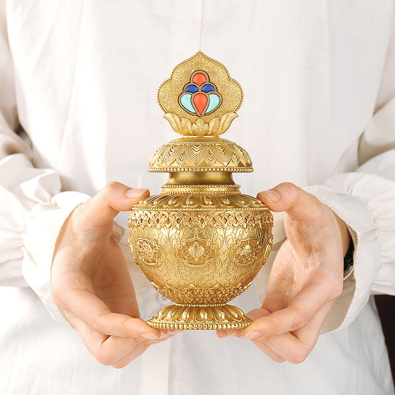 家居宝瓶纯铜八吉祥家用装饰用品办公桌面莲花摩尼宝净水瓶摆件