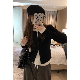 韩版 上衣女潮 高级感洋气简约长袖 圆领拼接假两件撞色软糯针织开衫