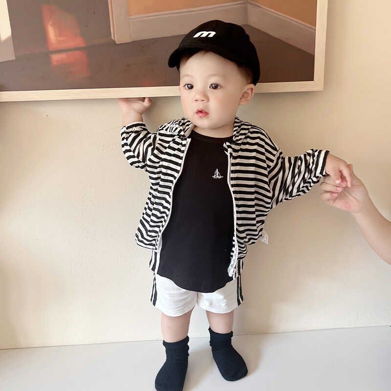 儿童夏季薄款防晒衣宝宝空调服黑白横条纹连帽长袖柔软超薄衣服